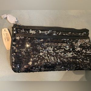NWT Victoria’s Secret Black w/Silver sequin,lined, two-zipper compartment clutch